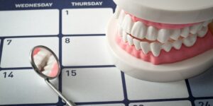 Dental model and mirror on a calendar representing a dental checkup schedule.